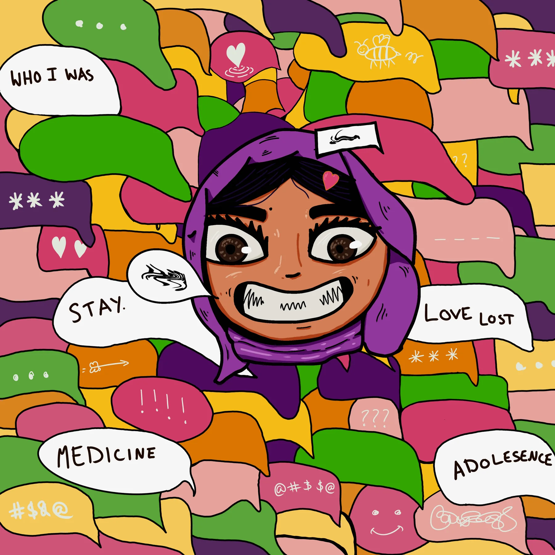 Adolescence cover artwork: an illustrated portrait of Omari surrounded by colourful speech bubbles naming the EP’s songs