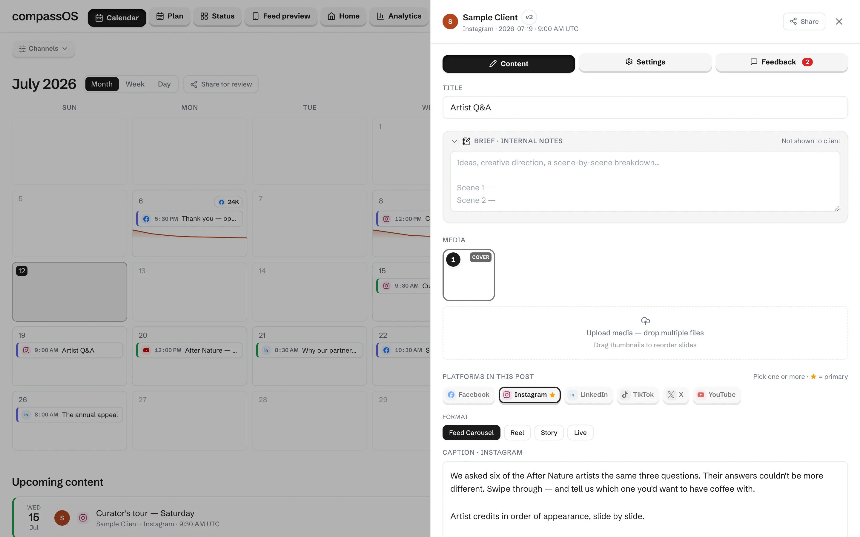 Compass production view with brief, media, and caption