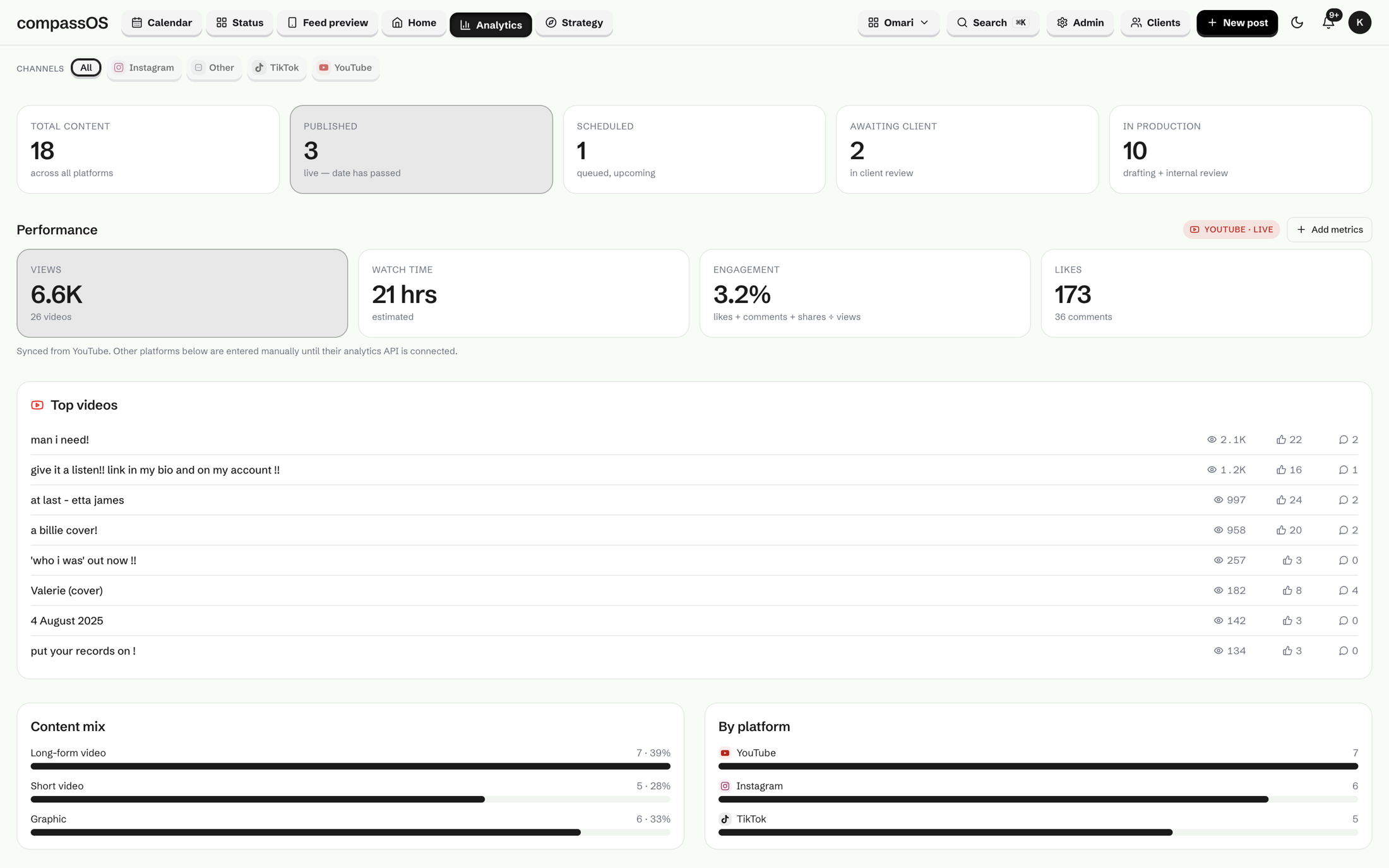 Compass: analytics, performance across YouTube, Instagram, and TikTok