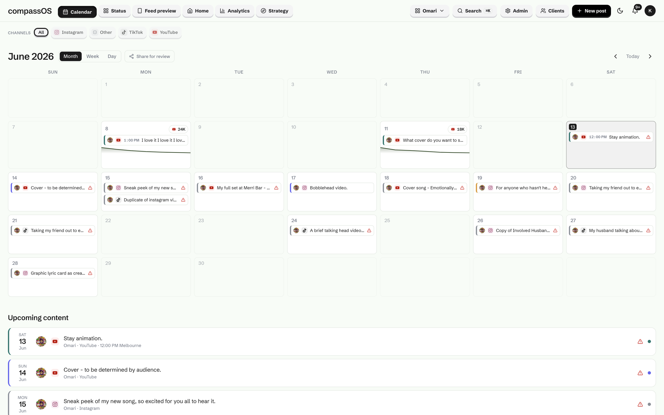 Compass: the content calendar, a month of posts planned across every channel