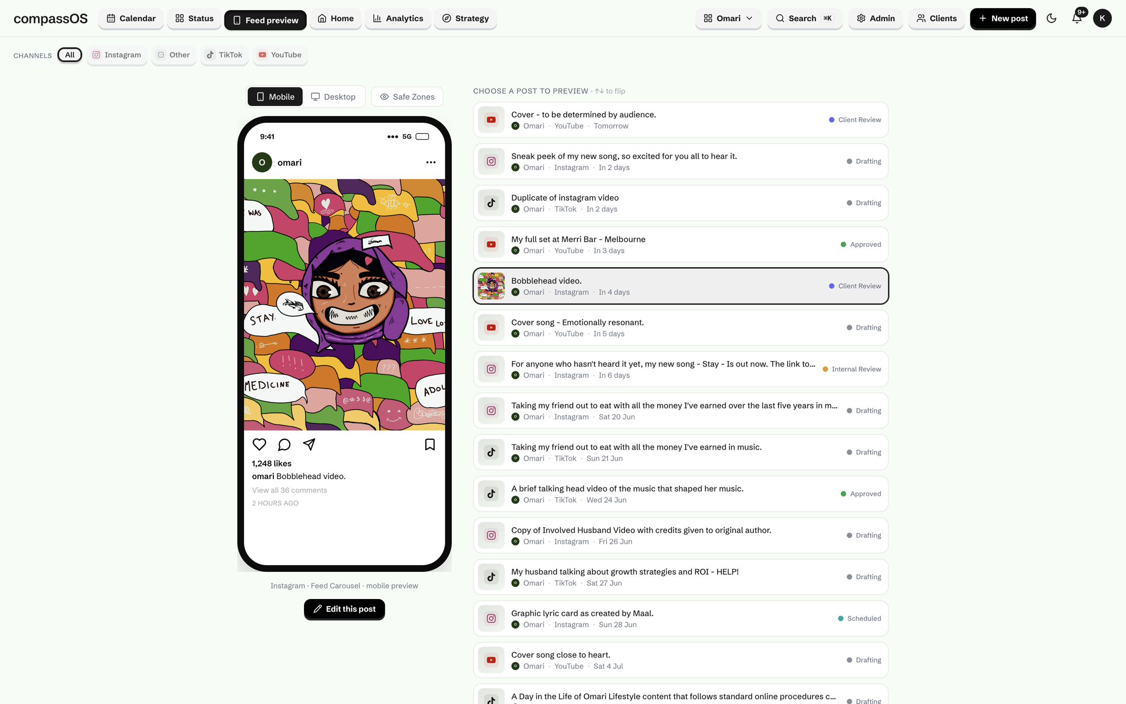 Compass: feed preview, a post seen exactly as it will appear before it goes live