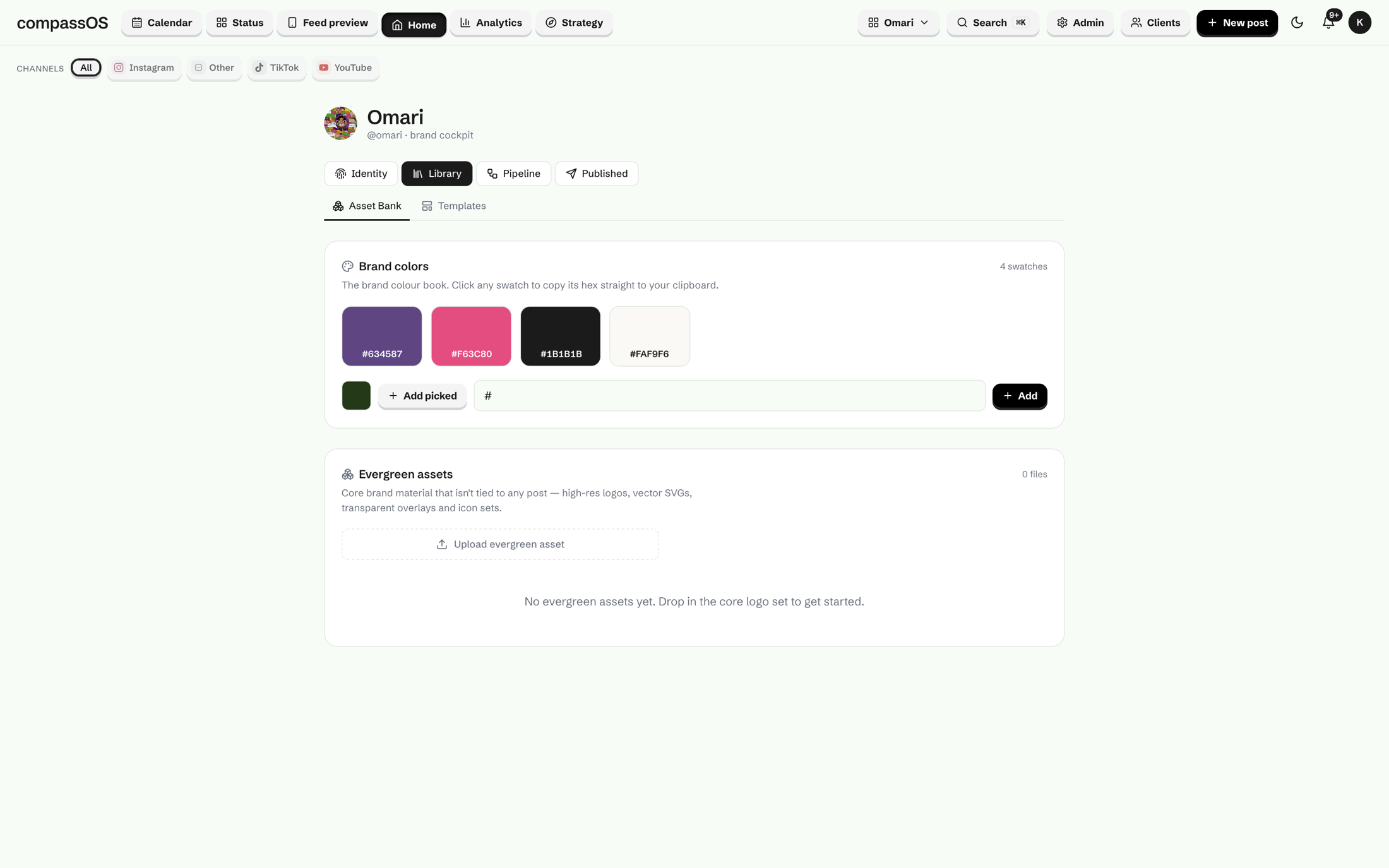 Compass: the brand cockpit, colours and evergreen assets kept in one place