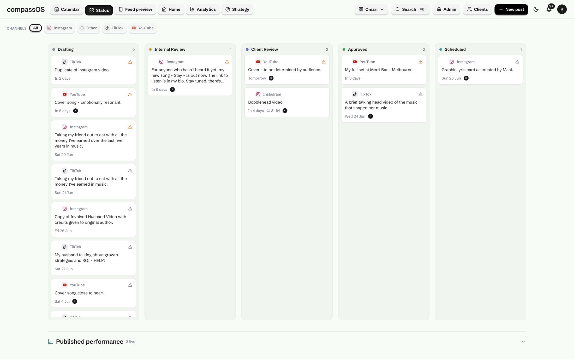 Compass: the status board, work moving from drafting to client review to scheduled